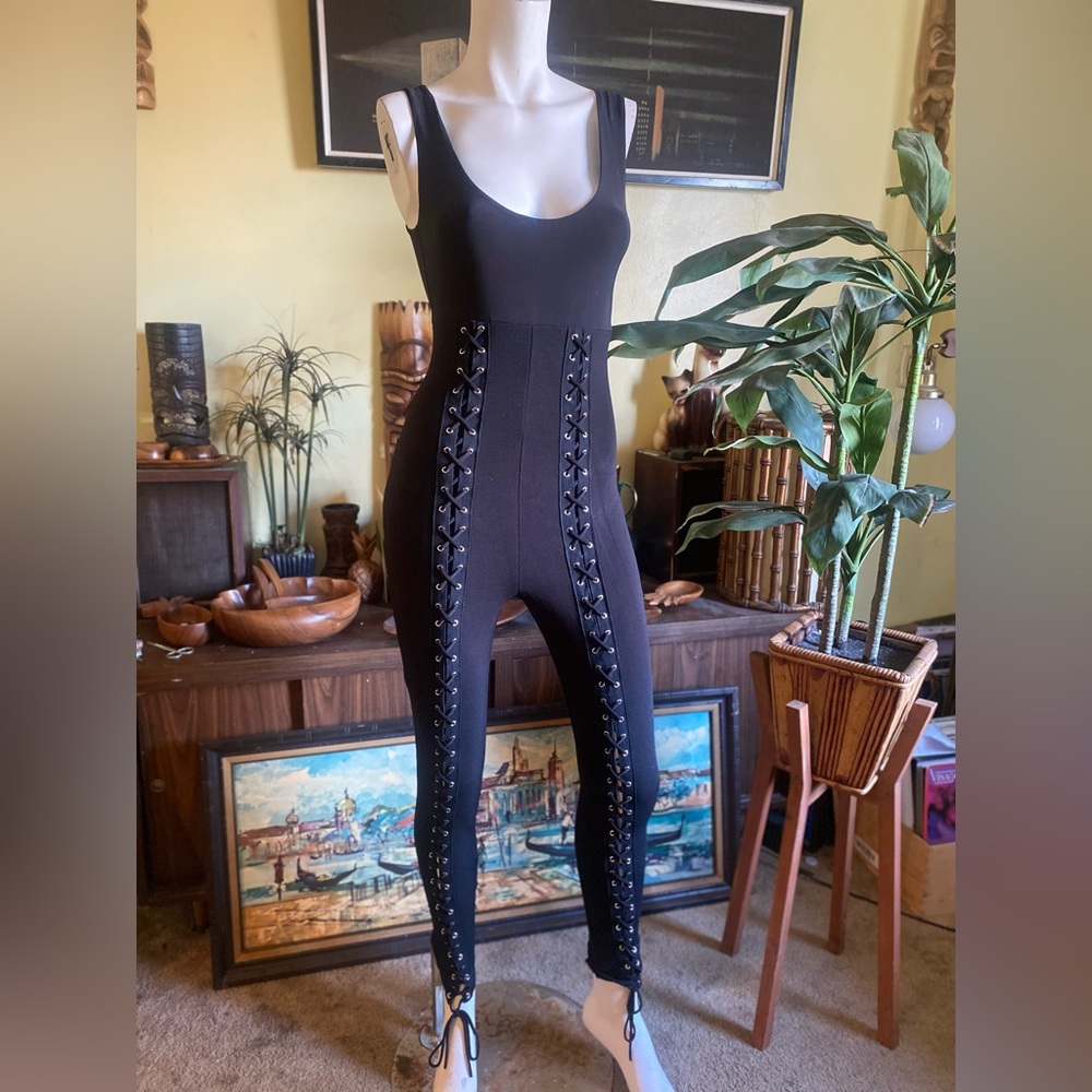 Ladies punk rock goth lace up grommet jumpsuit sexy catsuit’s pants club night